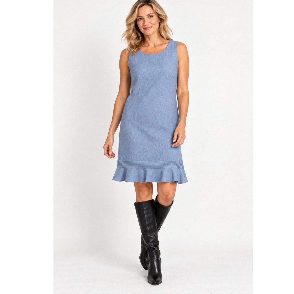 Danny & Nicole Retro 60's Mod Dress 8 Blue Floral Jacquard Ruffle Hem Sleeveless